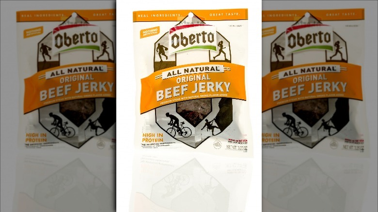 Package of Oberto original beef jerky on white background.