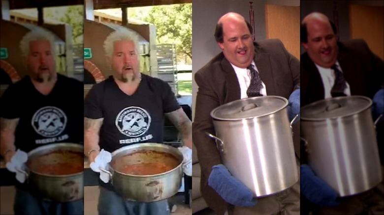 Kevin Malone and Guy Fieri side by side with pots of chili