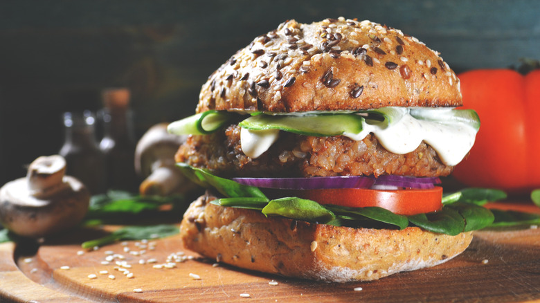 Veggie burger on cutting board