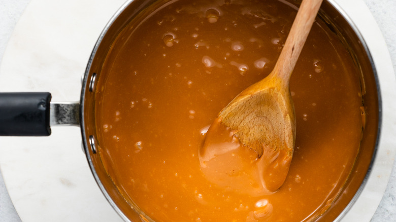 melted caramel in pan