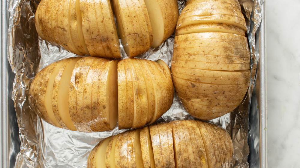 hasselback potatoes in a pan