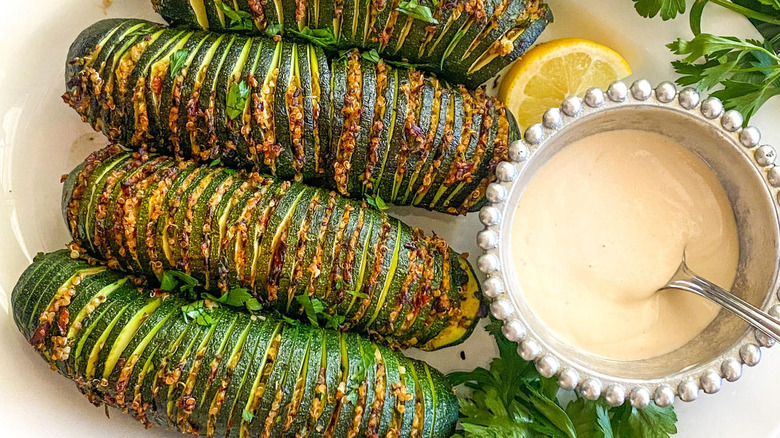 hasselback zucchini with tahini sauce