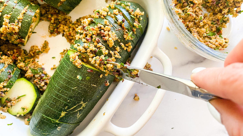 filling hasselback-sliced zucchini