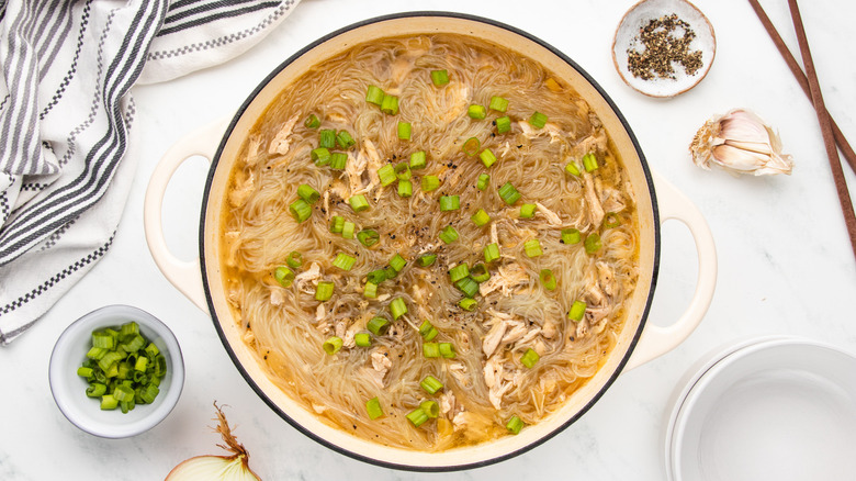 Chicken noodle soup in casserole pot with green onions