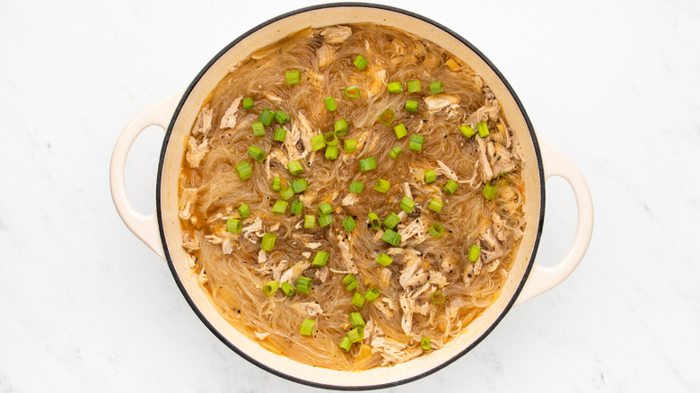 Chicken noodle soup in casserole pot with green onions