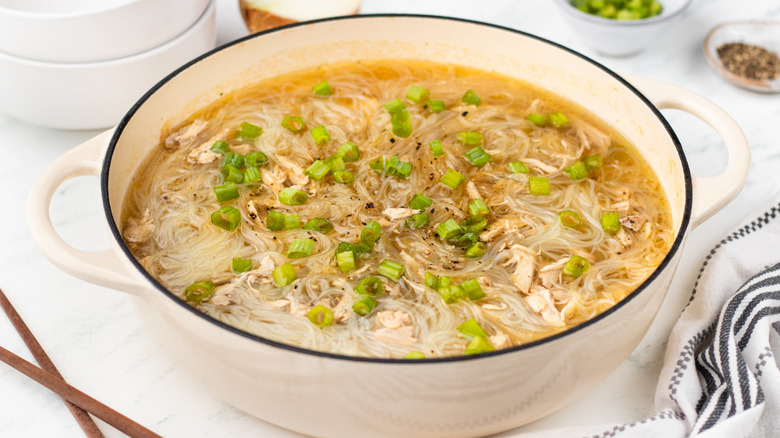 Chicken noodle soup in casserole pot with green onions