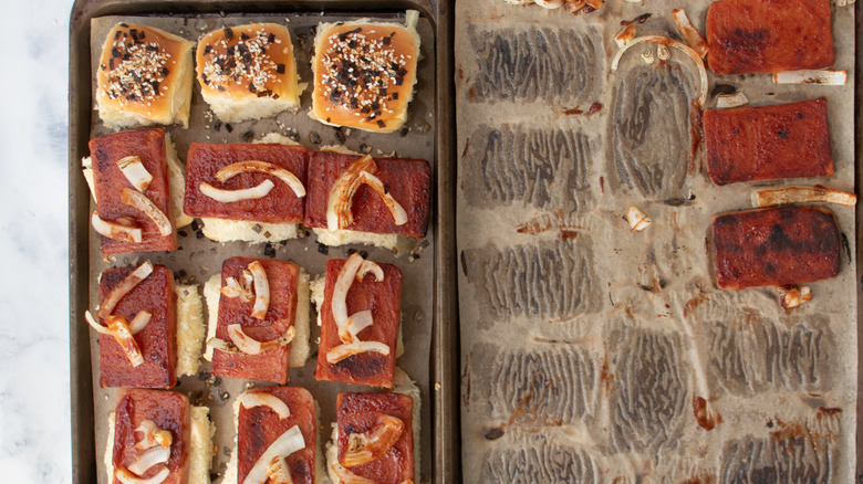 Spam sliders and Spam slices on baking sheets