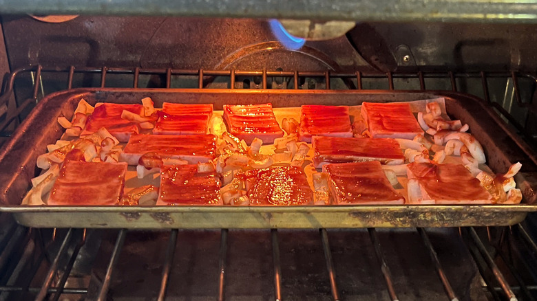 Spam on baking sheet in oven