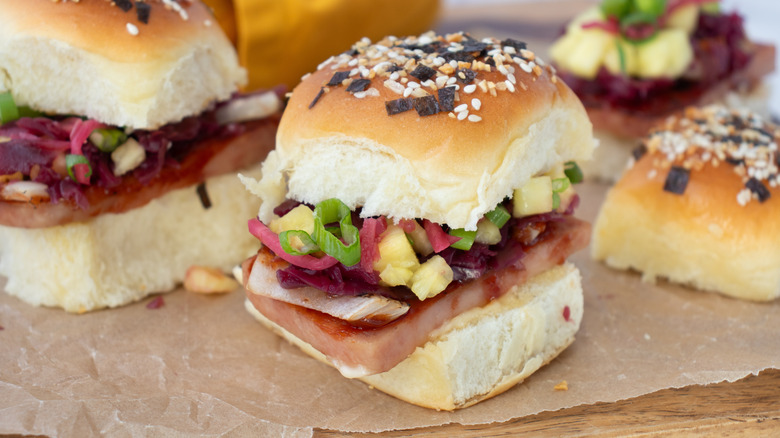 Close up of Hawaiian-style spam slider