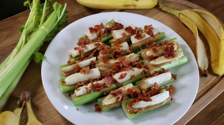 banana peanut butter bacon ants on a log