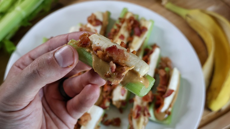 banana bacon peanut butter ants on a log