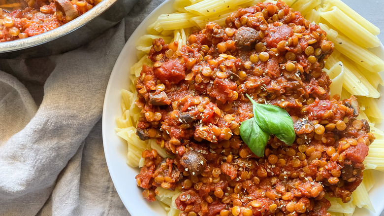 plate of pasta with lentil bolognese