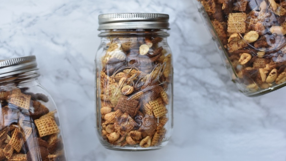 homemade chex mix in a jar