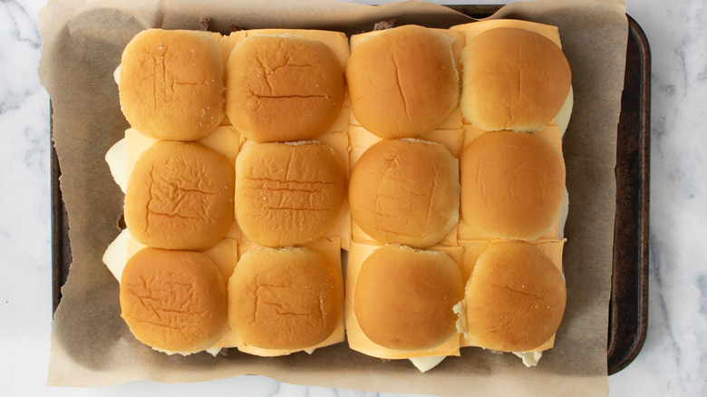 Filled slider rolls in a baking pan