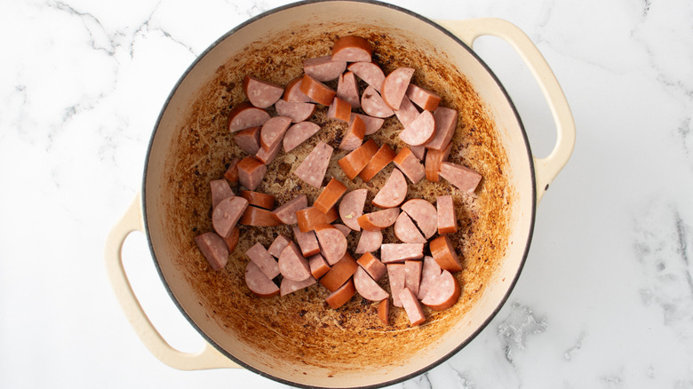 kielbasa sausage in Dutch oven