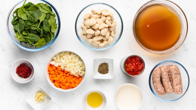 Sausage and gnocchi soup ingredients laid out