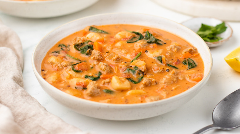 Bowl of creamy sausage and gnocchi soup