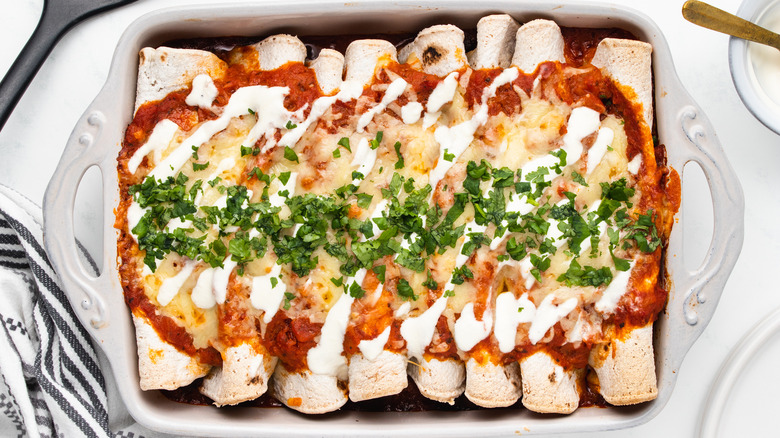 Mushroom enchiladas in baking dish