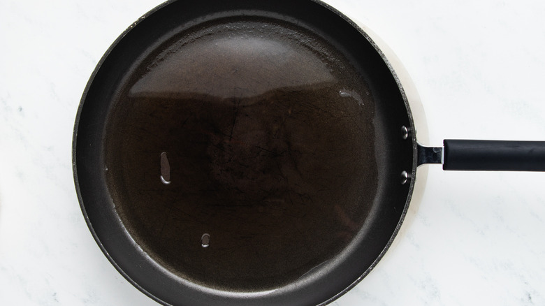 Oil heating in frying pan