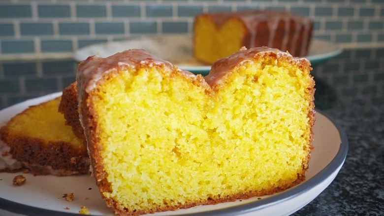 Slice of yellow lemon quick bread.