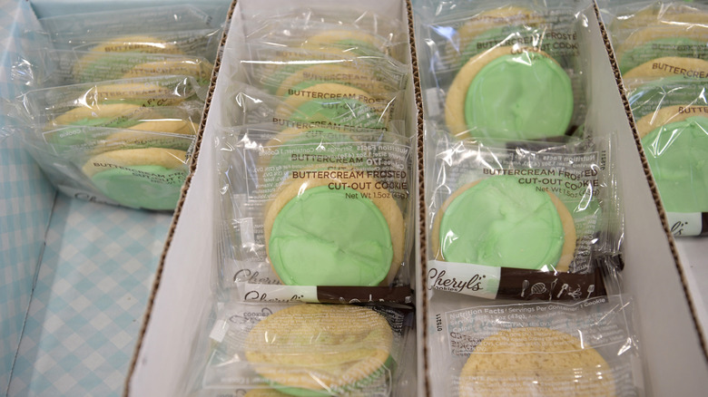 packaged Cheryl's Cookies with green frosting