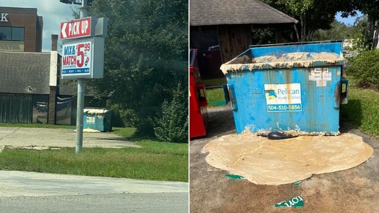 Domino's pizza dumpster with overflowing dough