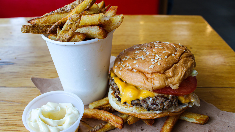 Five Guys burger and fries with mayo