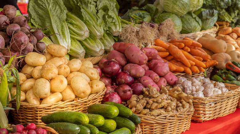 Array of vegetables in baskets