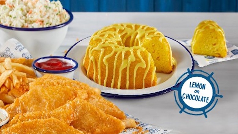 Long John Silver's fish n chips, fries, and lemon bundt cake