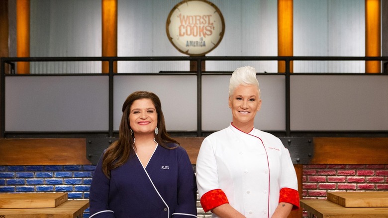 Chef Alex Guarnaschelli with Anne Burrell in promo shot of Worst Cooks in America