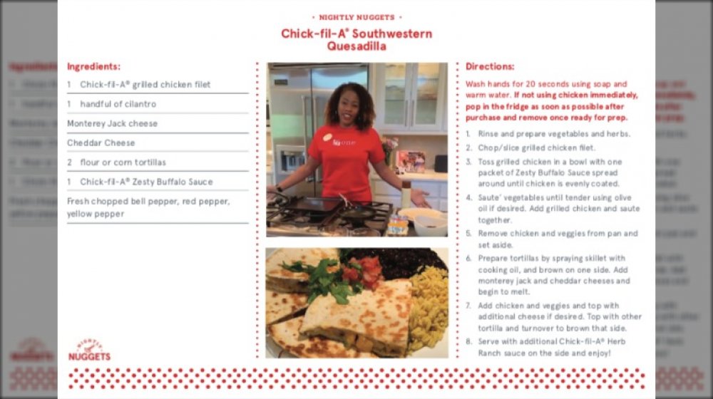 Chick-fil-A's Nightly Nugget recipe card for chicken quesadillas