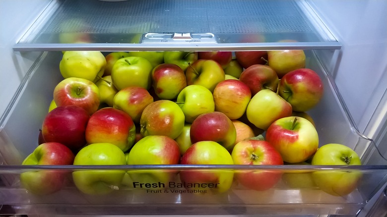 Apples in refrigerator crisper drawer 