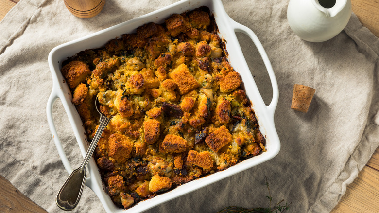 white pan of stuffing