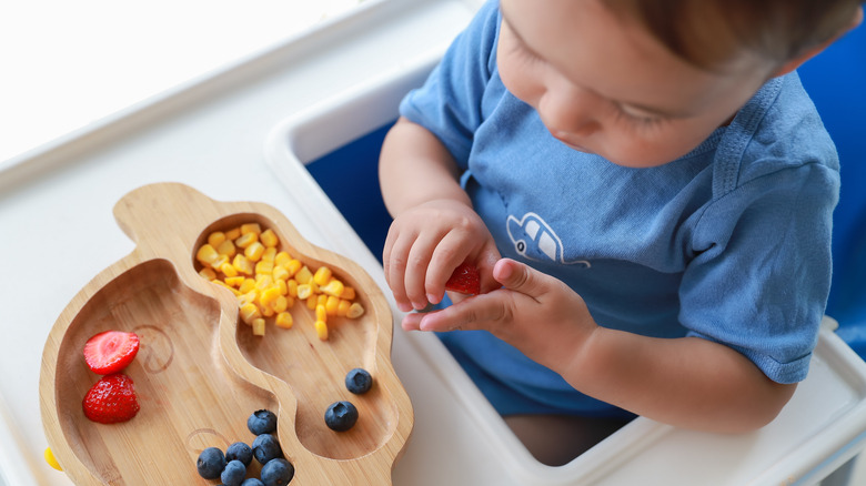 Child eating berries at a high chair