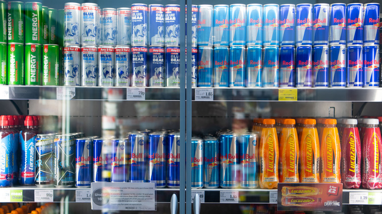 various energy drinks in the fridge