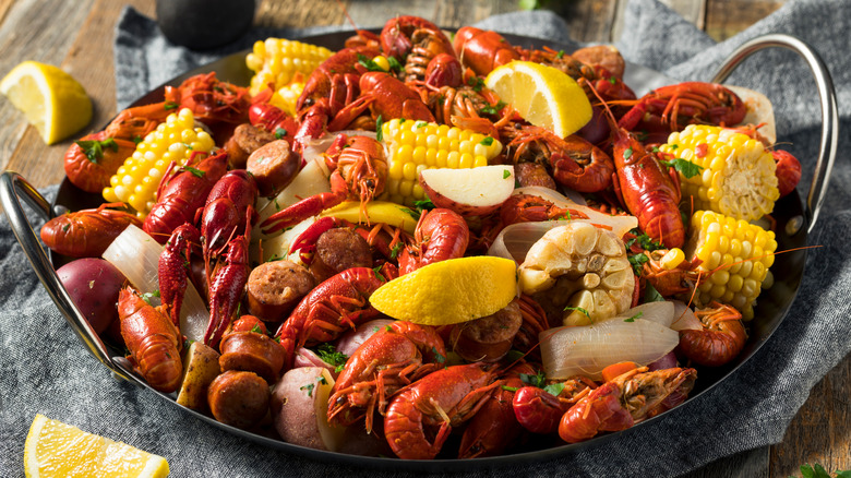 Louisiana crawfish boil with corn and potatoes