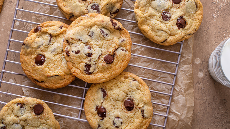 Freshly baked thin and crispy chocolate chip cookies