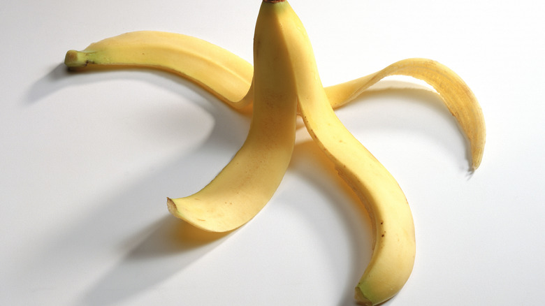 Banana peel splayed on counter