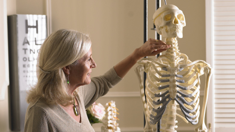 Woman touching skeleton model