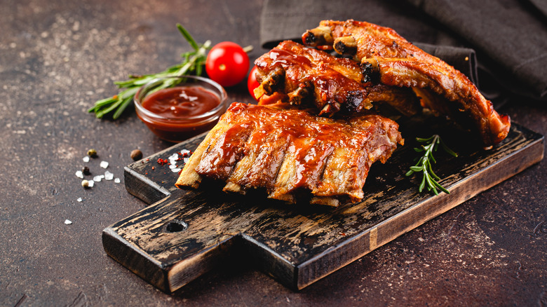 Ribs on a wooden board