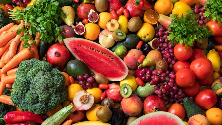 Large mix of colorful fruits and veggies