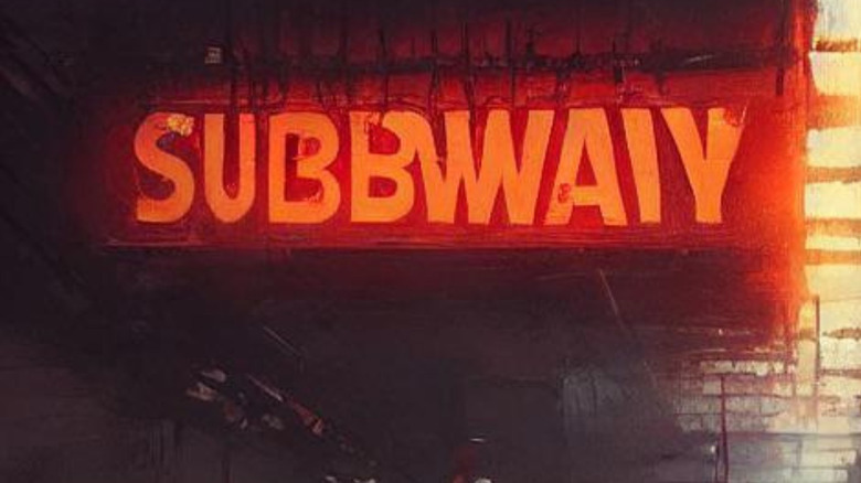 Subway from Hell AI art photo with sign "Subbwaiy"