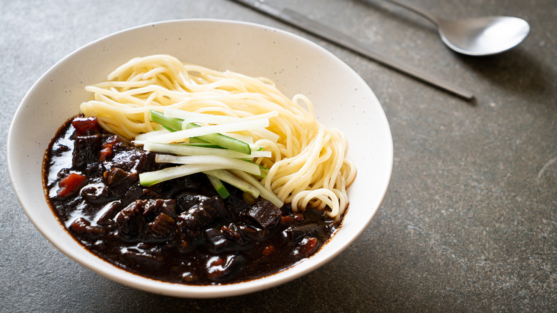 Jajangmyeon, or Korean black noodles in bowl