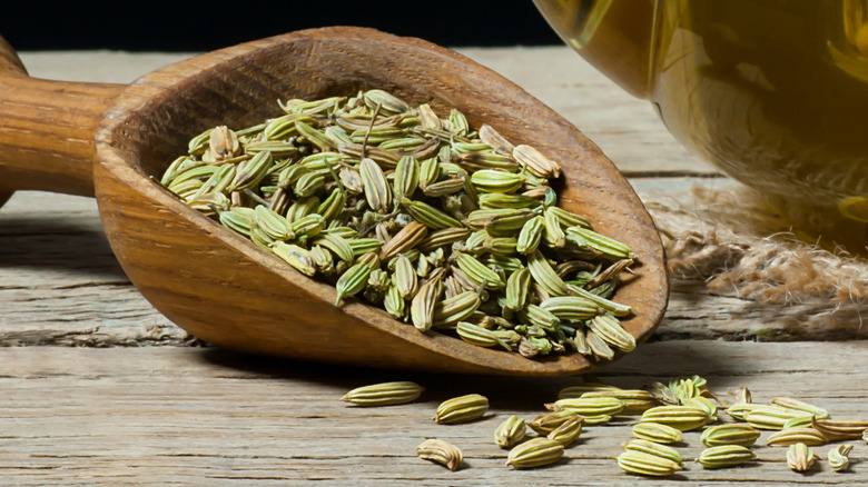 Fennel seeds in a wood scoop