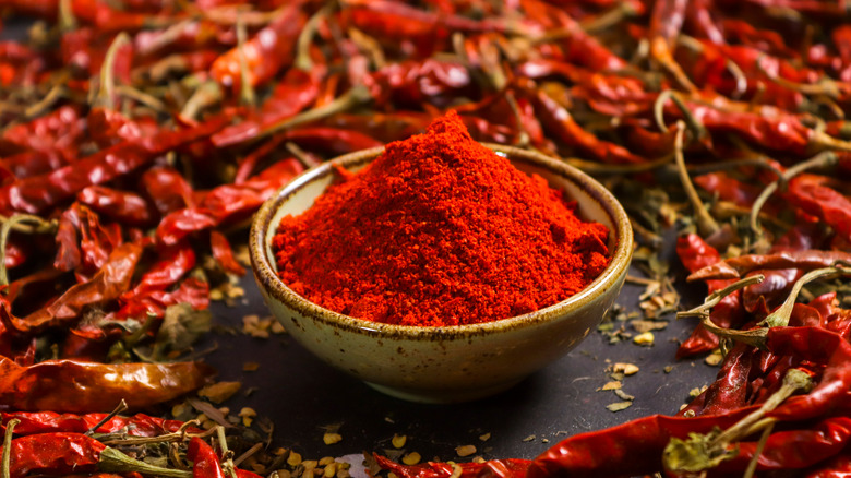 chili powder surrounded by chili peppers