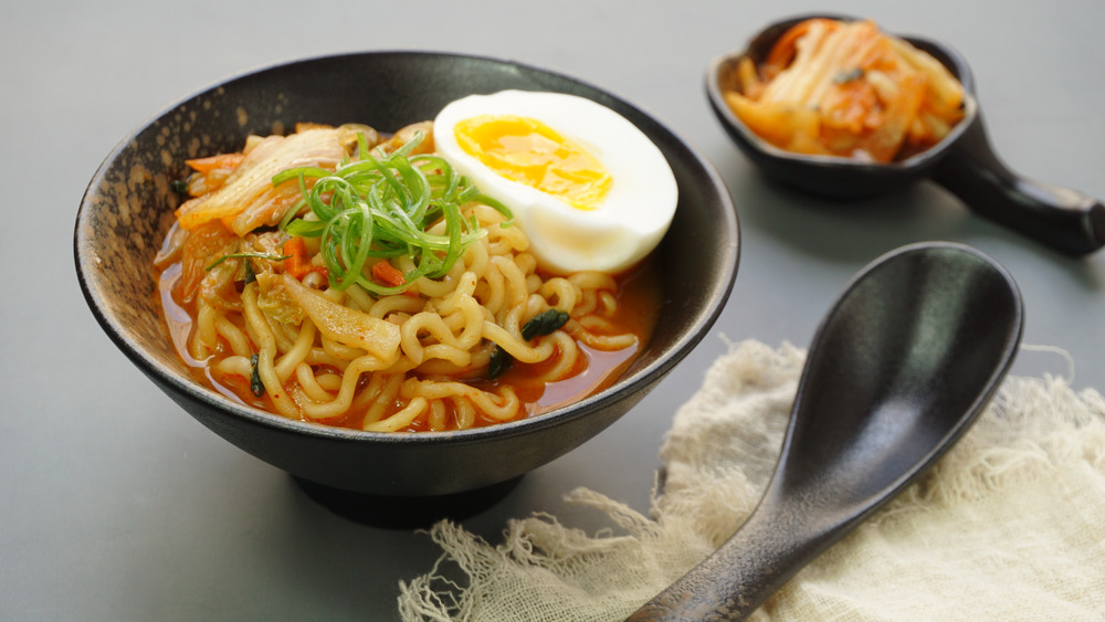 Instant ramen, kimchi, and egg