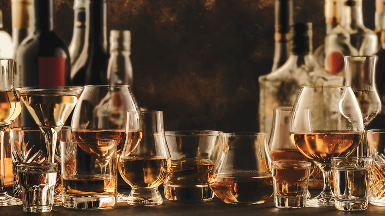 Various liquor drinks on counter 