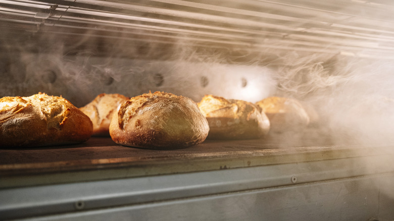 bread baking in commercial oven