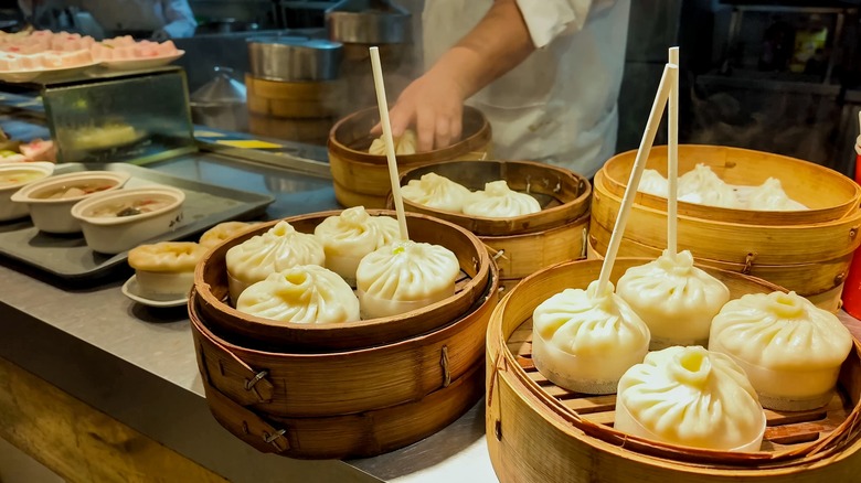 Dumplings being made in professional kitchen