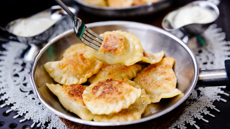 Pierogies in metal pan